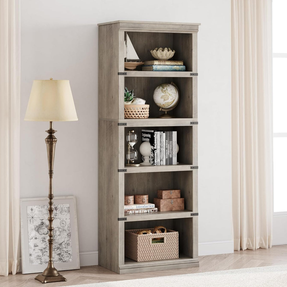 Garvee 5 Tier Farmhouse Bookcase, 67.4 in Tall Book Shelf with Storage, Wooden Bookshelves 5 Shelf Display Shelvesfor Home Office, Living Room, Bed Room (Gray, 67.4 in H x 24.4 in W x 12.8 in D)