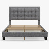 Garvee Queen Size Upholstered Platform Bed + Button Tufted Headboard + Heavy Duty Metal Foundation + Wood Slats + Adjustable Headboard + Noise-Free + No Box Spring Needed + Bedroom in Light Grey - Light Gray