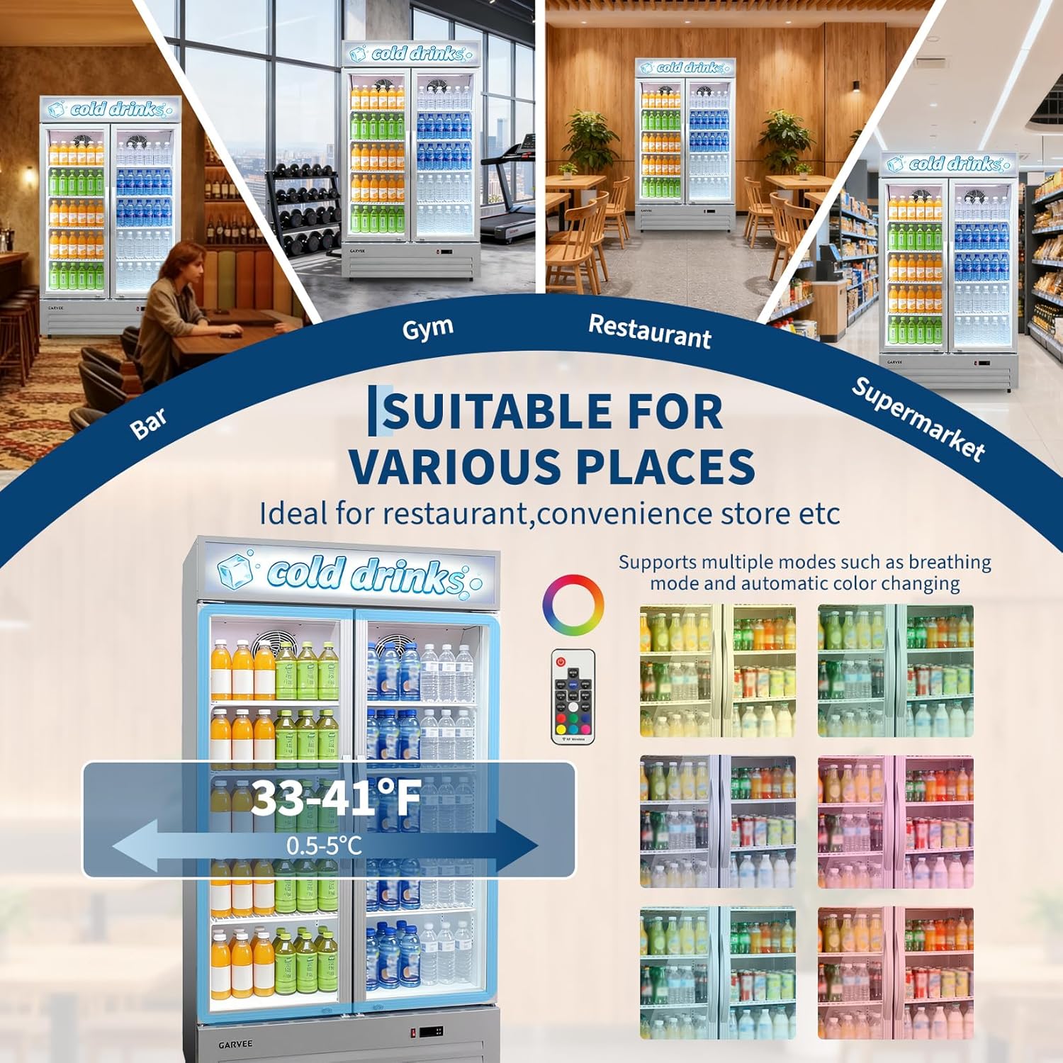 GARVEE 34.8 Cu.ft Double Door Commercial Beverage Cooler - 580-Can Glass Display Fridge | Frost-Free Air-Cooled, RGB Lights, Adjustable Shelves | for Bar/Restaurant/Store (Silver)