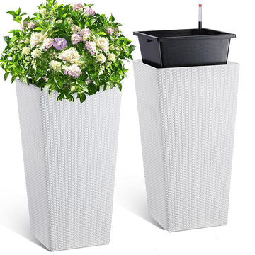 Garvee 30 Inch Tall Planter Set of 2 Large Rattan Flower Pot with 2 Trays & a Water Level Monitor & Wheels Outdoor and Indoor for Patio, Porch, Living Room, or Home Office, White