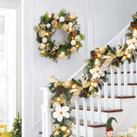 Garvee Christmas Wreath for Front Door, 24 Inch Outdoor Christmas Wreath, Battery Operated Xmas Wreath with Gold White Ball Ornaments Pine Cones and 20 LED Lights for Home Holiday Decor