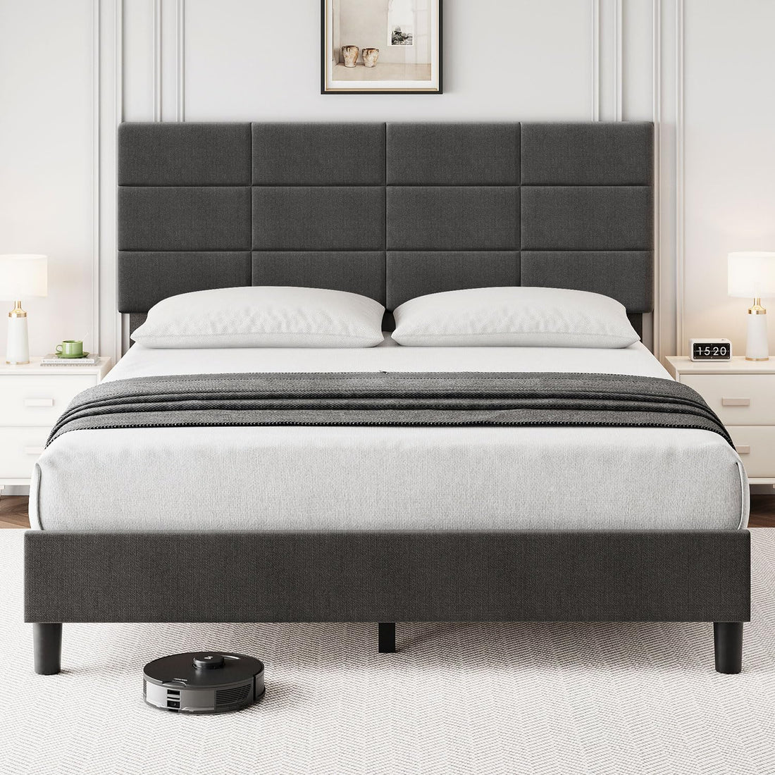 Queen bed frame with adjustable headboard, noise-free design, and dark gray linen upholstery.