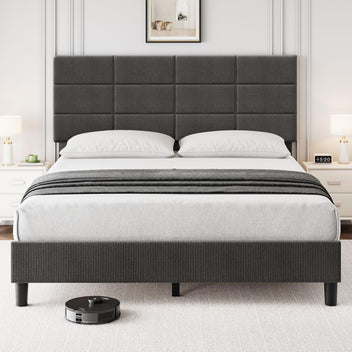 Queen bed frame with adjustable headboard, noise-free design, and dark gray linen upholstery.