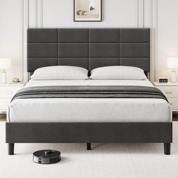 Queen bed frame with adjustable headboard, noise-free design, and dark gray linen upholstery.