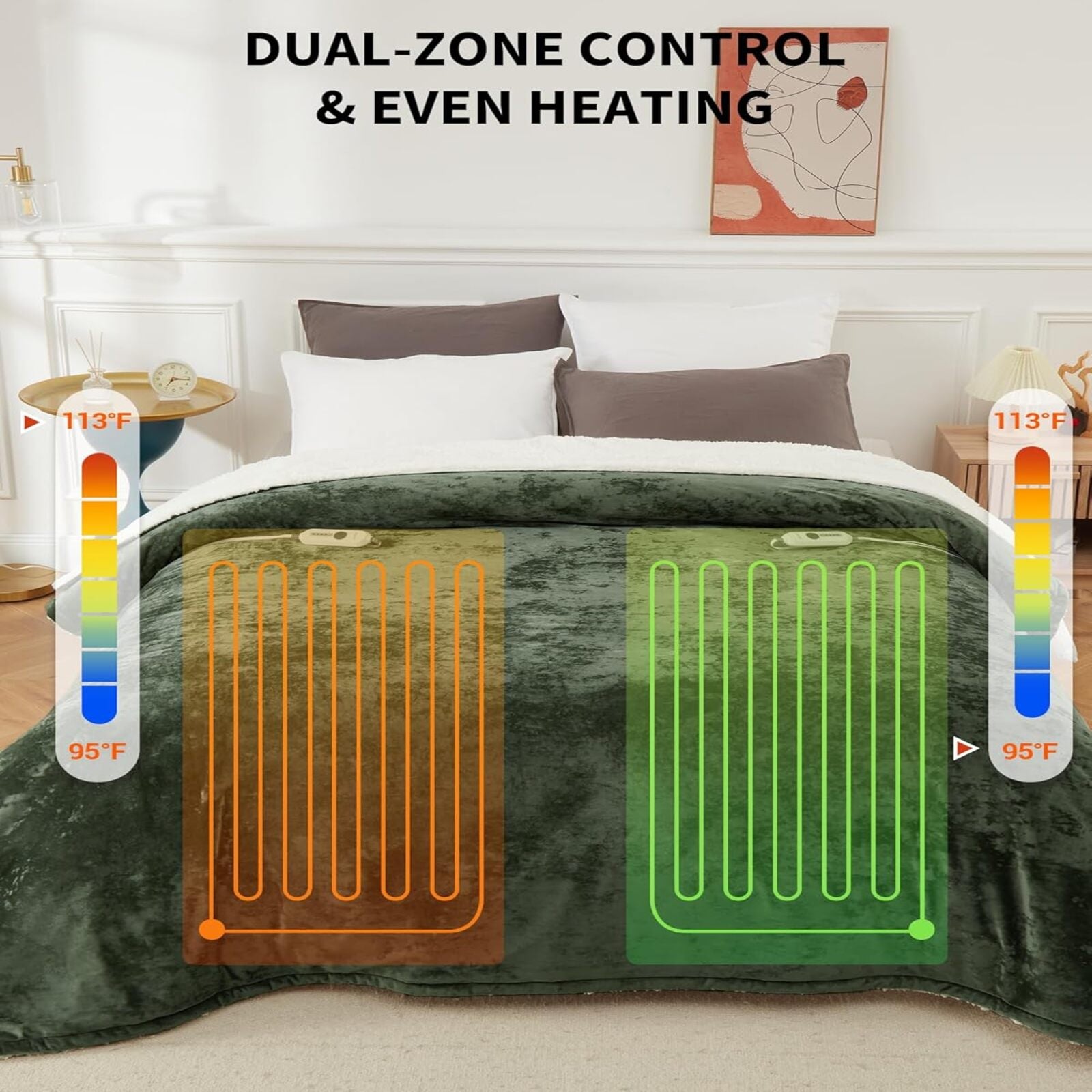 Garvee Heated Blanket Queen Size with Dual Control, Velvet Soft Fast Heating Blankets Queen, 4 Heat Settings & 10H Auto Off, Machine Washable, ETL Certified Electric Blanket, 84"x90" Green