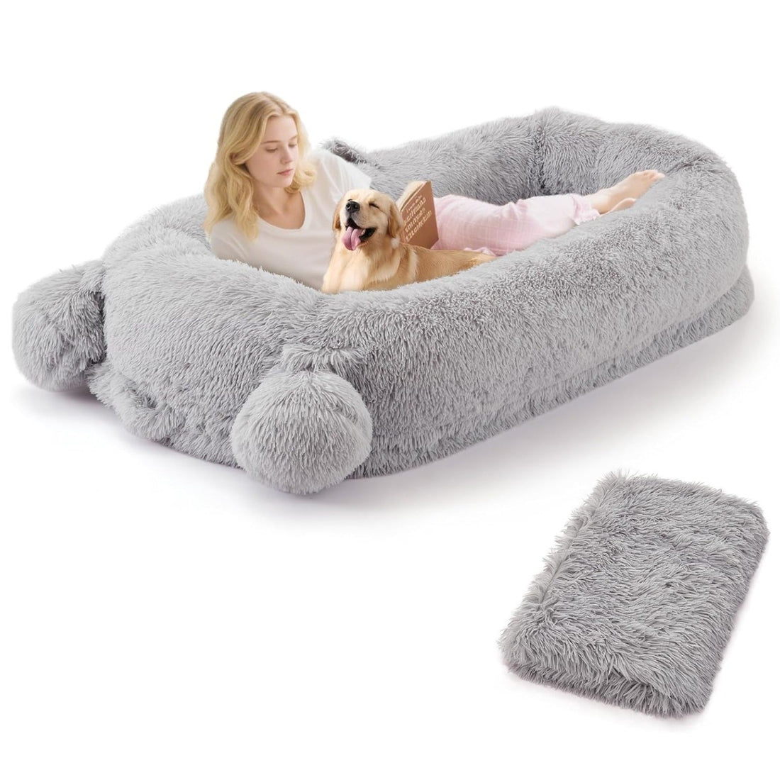 Garvee Human Dog Bed, 71 in x45 in x12 in Large Dog Bed with Blanket, Storage Pockets, Portable Handle, Removable Cover, Human Size Pet Bed for Adult, Gray
