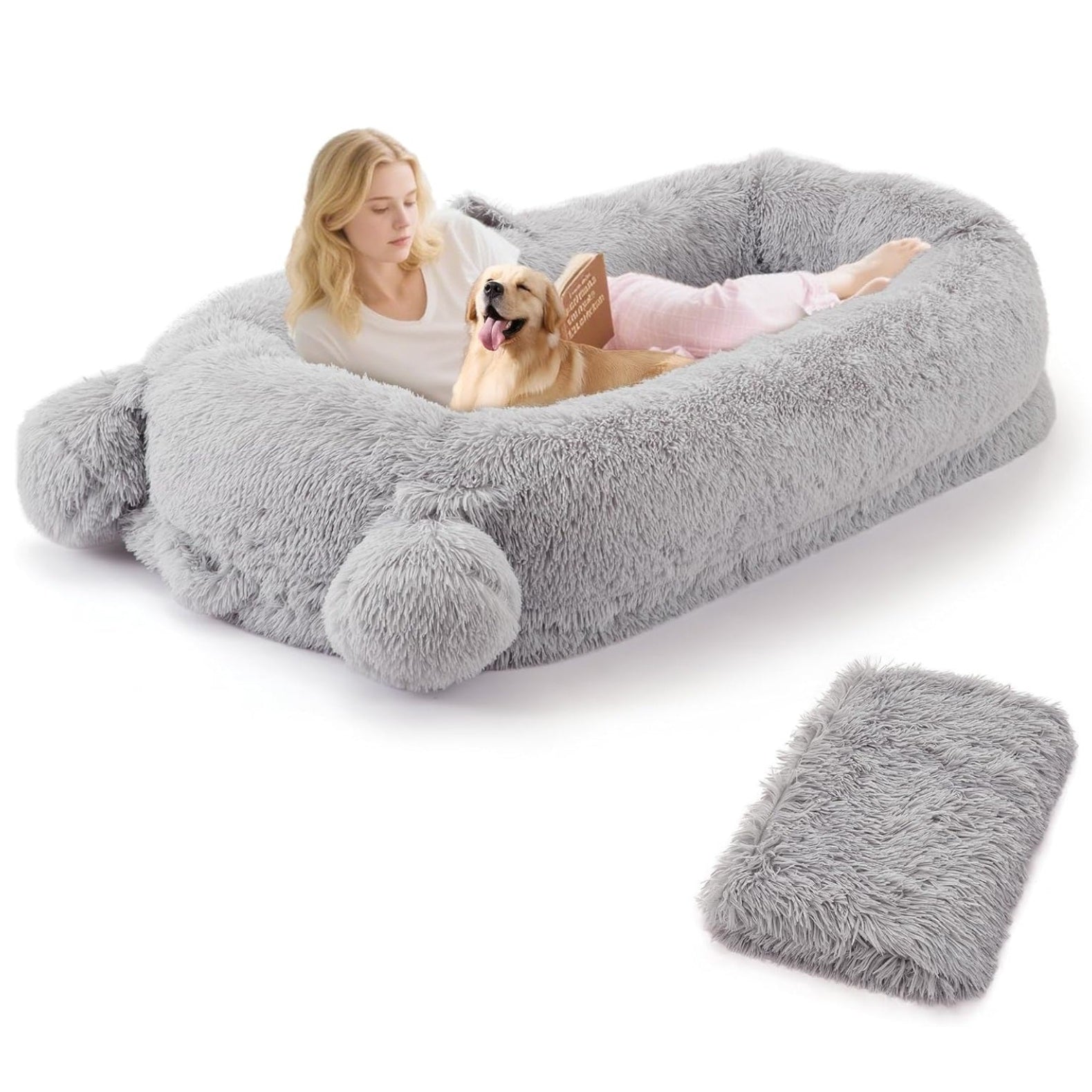 Garvee Human Dog Bed, 71 in x45 in x12 in Large Dog Bed with Blanket, Storage Pockets, Portable Handle, Removable Cover, Human Size Pet Bed for Adult, Gray