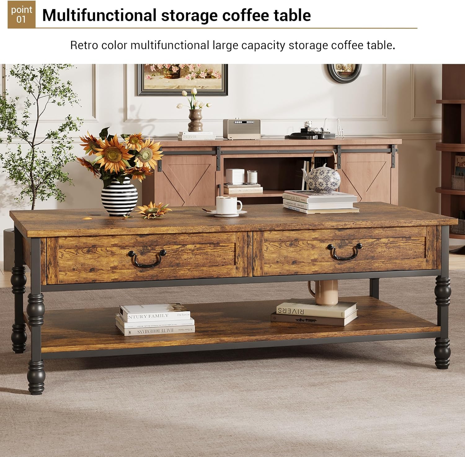 Garvee Vintage Farmhouse Coffee Table with Drawers, 2 Tier Small Wood Coffee Table for Living Room, Rectangular MDF Storage Table with Shelf, Rustic Modern Center Table