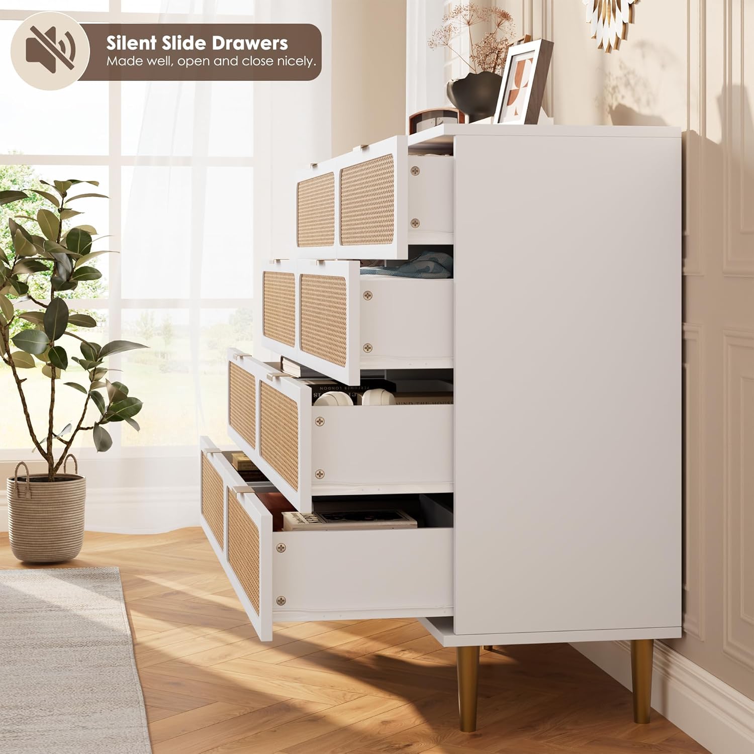 Garvee Rattan 8 Drawer Dressers for Bedroom, Tall Dresser with Deep Drawers, Large Chest of Drawers for Closet with Wide Top, Long Wooden Dresser for Living Room, Hallway, Kids Room, White