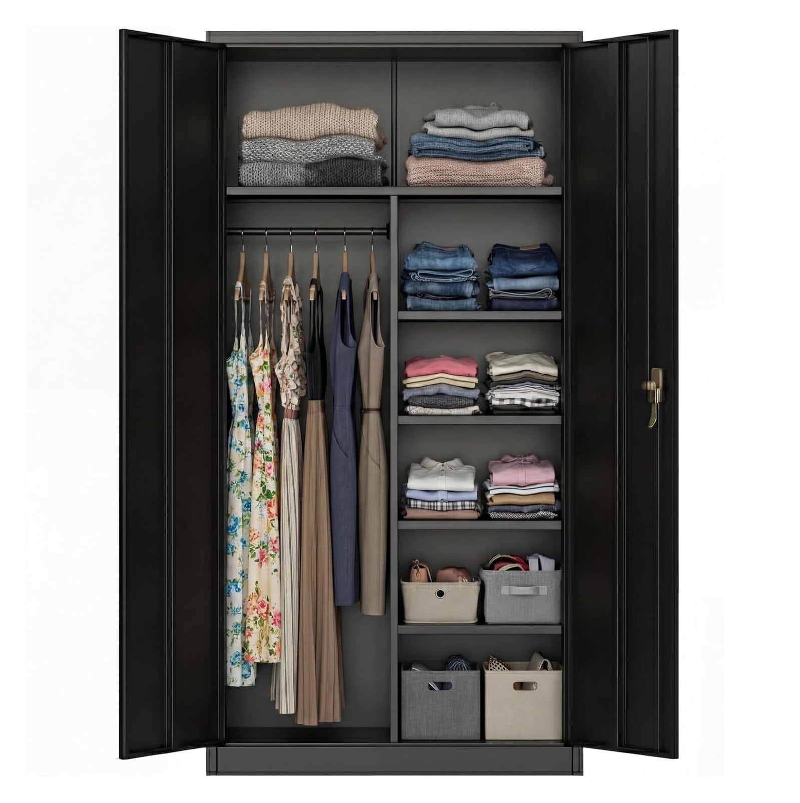 Garvee Heavy-Duty Steel Storage Cabinet 20.47"×6.3"×74.02" – Locking Doors, Adjustable Shelves & Hanging Rod, Freestanding Closet for Garage/Office/Home/Gym, Black