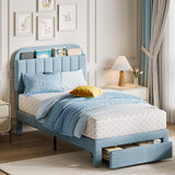 Garvee Twin Bed Frame with Drawer, Velvet Upholstered Platform Bed Frame with Storage Headboard, No Box Spring Needed, Easy Assembly, Noise-Free, Blue - Light Blue