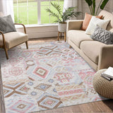 Garvee Living Room Rugs 8x10 Washable Rug Large Bedroom Rug Colorful Dining Room Rugs for Under Table Vintage Floral Printed Rug Oriental Distressed Low Pile Floor Carpet Aesthetic Accent Rug Pink - Pink