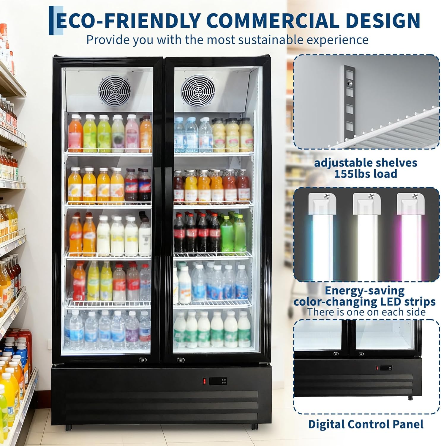 GARVEE 32.5 Cu.ft Double Door Commercial Beverage Cooler - 580-Can Glass Display Fridge | Frost-Free Air-Cooled, Automatic Door Rebound | for Bar/Restaurant/Supermarket (Black)