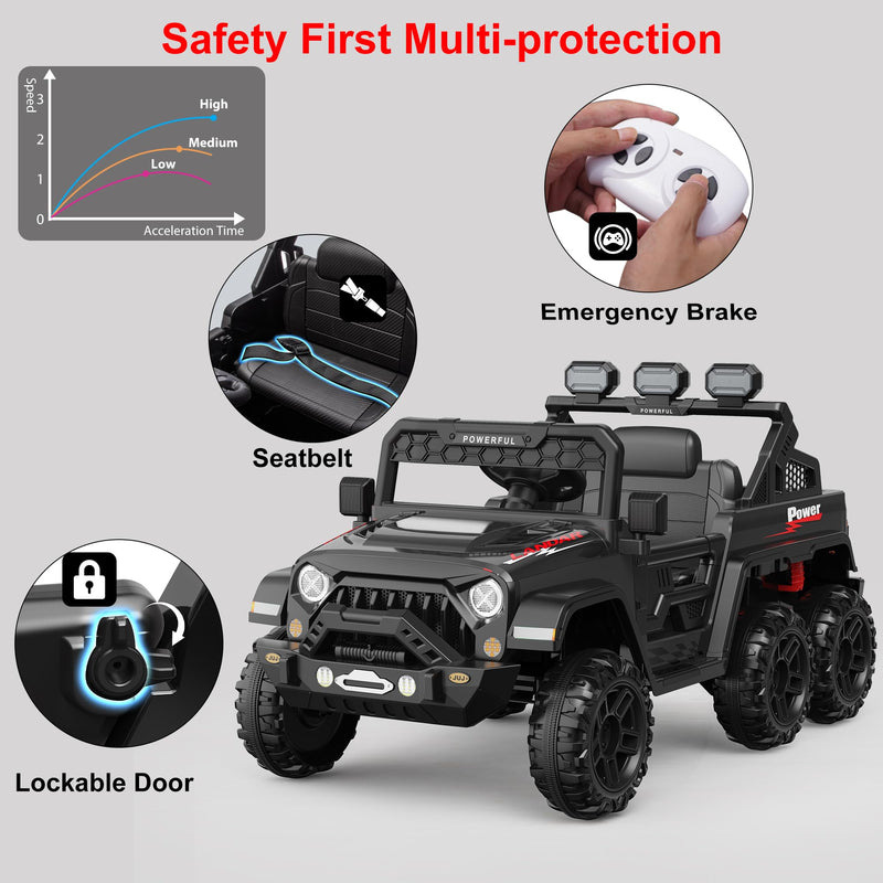 GARVEE Black 24V ride-on car safety belt lockable door and driving details