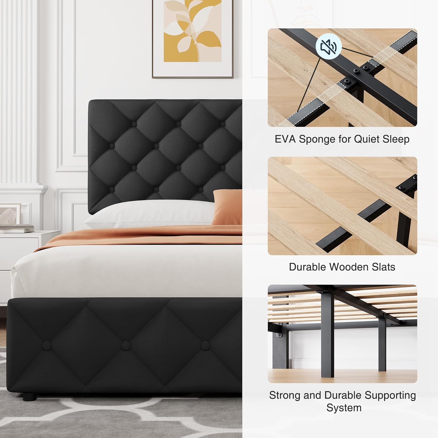 Garvee King Size Bed Frame with 4 Storage Drawers, Linen Upholstered Platform Bed Frame with Adjustable Headboard, Diamond Stitched Button Tufted, No Box Spring Needed, Black