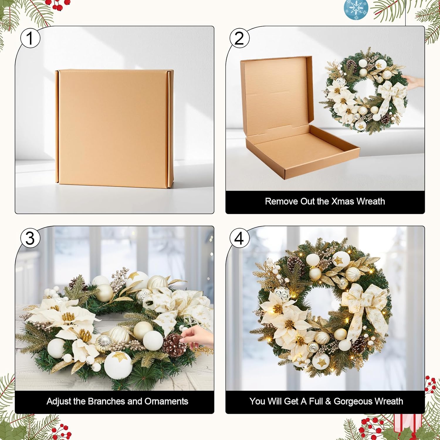 Garvee Pre-Lit Christmas Wreath for Front Door, 24 Inch Large Lighted Wreath with Xmas Balls, Artificial Flower & Bow, Battery Operated Christmas Wreath for Fireplace Window Wall Decor, Champagne