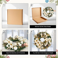 Garvee Pre-Lit Christmas Wreath for Front Door, 24 Inch Large Lighted Wreath with Xmas Balls, Artificial Flower & Bow, Battery Operated Christmas Wreath for Fireplace Window Wall Decor, Champagne