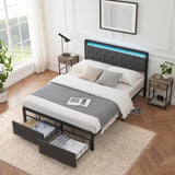Garvee Queen Bed Frame with Drawers, Upholstered Platform, Storage & LED Lights, Linen Fabric, Metal Slats, Easy Assembly, Dark Grey - Linen Gray