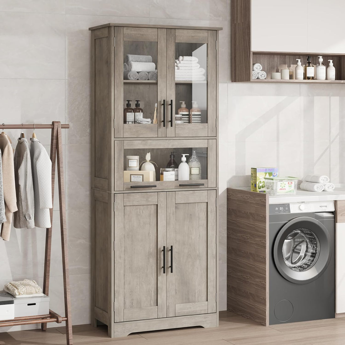 Garvee Modern Freestanding Bathroom Storage Cabinet with Double Glass Doors and Spacious Sliding Drawer, Grey