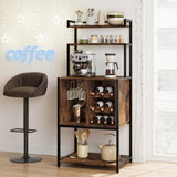 Garvee 5-Tier Wine Baker Rack with Glass Holder & Storage, Metal Organizer Shelf, Industrial Wine Display, Rustic Brown - Brown