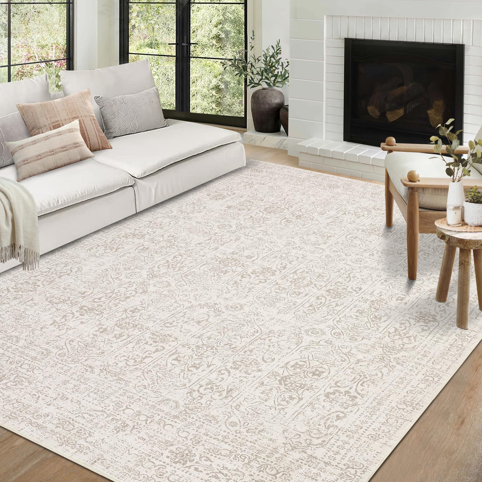 Garvee 9x12 Area Rug Large Washable Indoor Carpet with Non-Slip Backing, Non-Shedding Oriental Distressed Printed Rug, Traditional Medallion Area Rug for Living Room, Bed Room, Beige