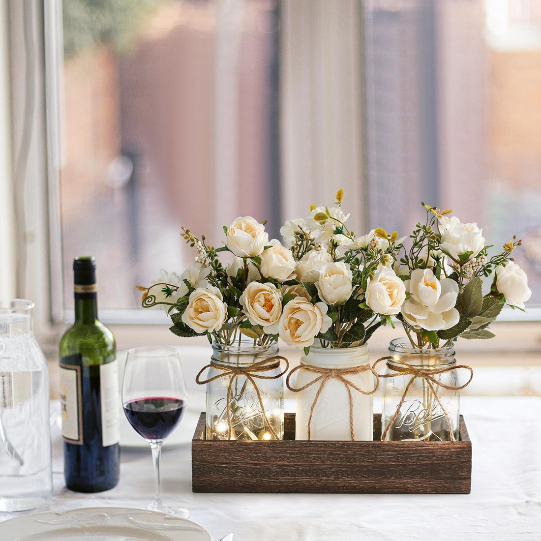 Garvee Farmhouse 3PCS Centerpiece Table Decorations with Roses Artificial Flowers Mason Jars and Wood Tray for Dining Coffee Table, White
