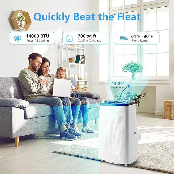 Garvee Portable Air Conditioners, 14000 BTUs Portable AC Unit 3-in-1 Cooling, Dehumidifier & Fan, Standing A/C Portable Air Conditioner for Room Up to 750 Sq. Ft, 24H Timer, Window Kits