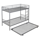 Garvee Twin Metal Bunk Bed With Trundle, Guardrails, Removable Ladder, Twin-Over-Twin House Bed Frame For Girls Boys, 78.1"L x 41.4"W x 65.3"H, Silver - Silver