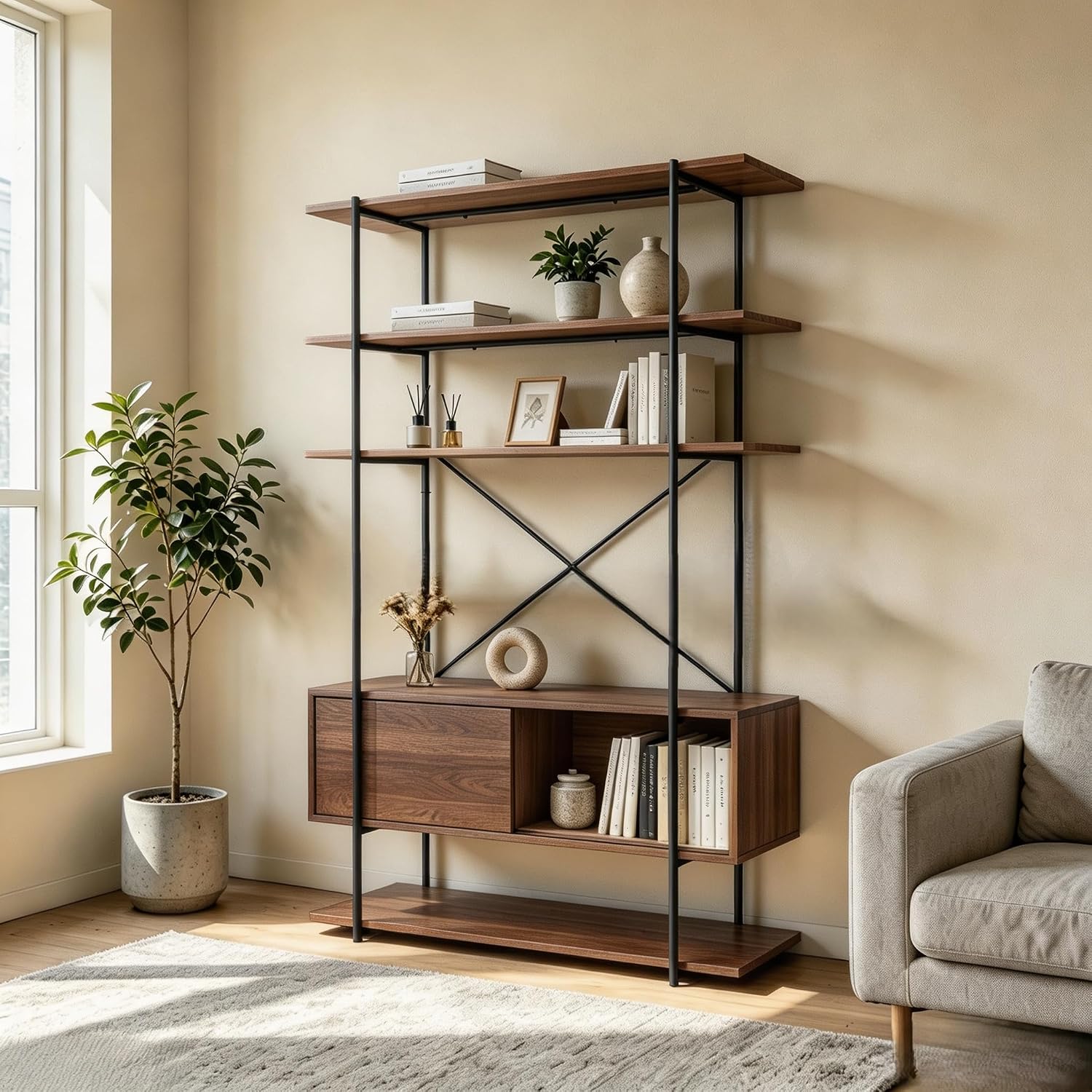 Garvee 5-Tier Industrial Bookshelf with Cabinet, Heavy Duty Wood Bookcase Display, Sturdy Metal Frame Storage Shelving Unit for Home Office Living Room, Rustic Brown