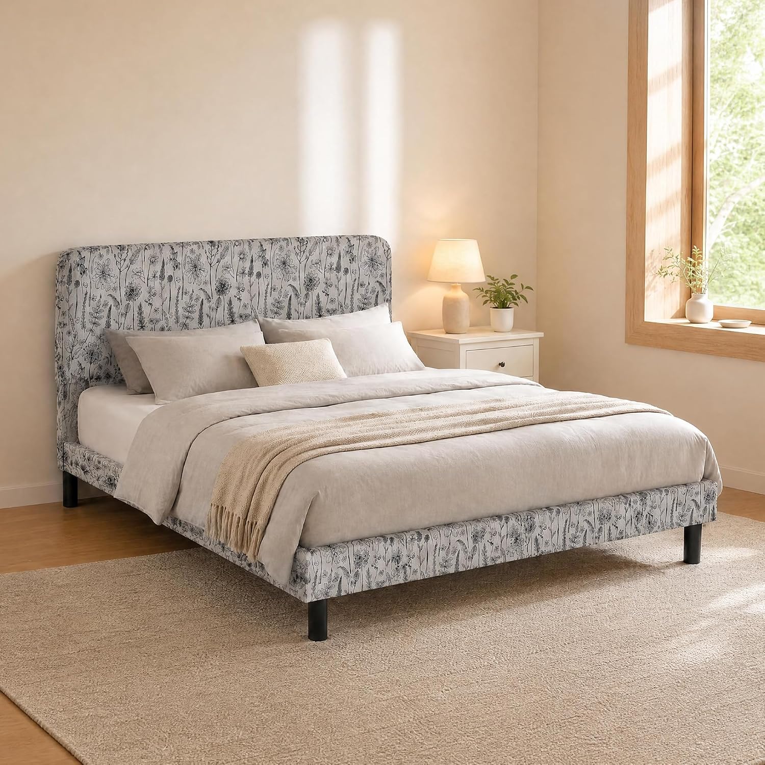 Garvee Botanical Print Upholstered Platform Queen Szie Bed Frame with Adjustable Headboard - Wood Slat Support, Noise-Free, No Box Spring Needed, Easy Assembly