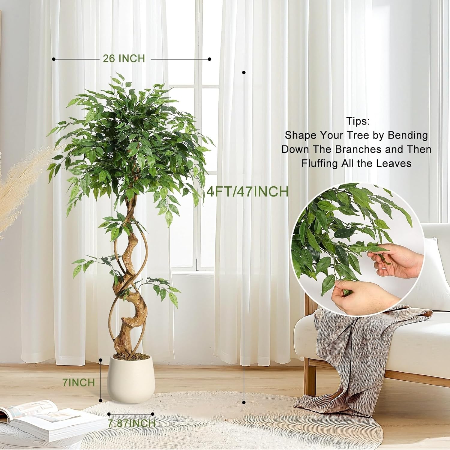 4ft indoor plant Garvee Ficus Artificial Tree with Curved Trunk, 4ft Faux Plant Fake Silk Trees with White Pot, Fake Ficus Tree for Home Decor, Artificial Plants