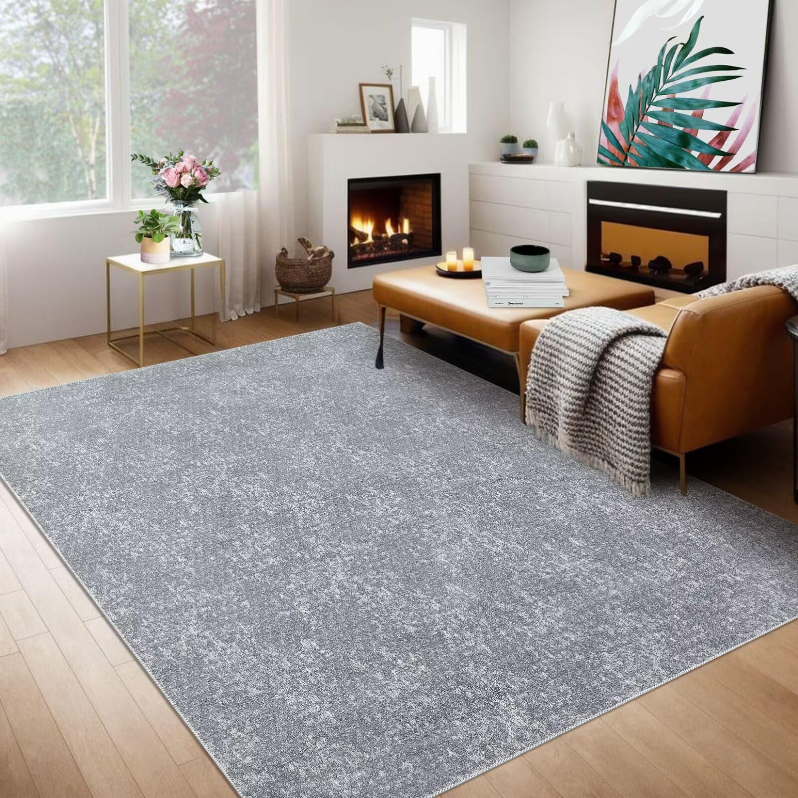 5x7 solid area rug with easy-to-clean material for modern home living space in subtle gray fabric look
