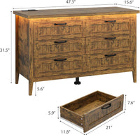 Garvee 6 Drawer Dresser with Power Outlet, Rustic Brown Dresser with LED Light, Modern Chest of Drawers for Closet, Double Wide Drawer Organizer Cabinet for Bedroom, Living Room