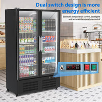 Commercial Refrigerator, 2 Door Display Fridge Merchandiser Upright Beverage Cooler, Double Glass Door Fridge with Adjustable Shelves & Drink Organizers, 25.5 Cu. Ft. Black