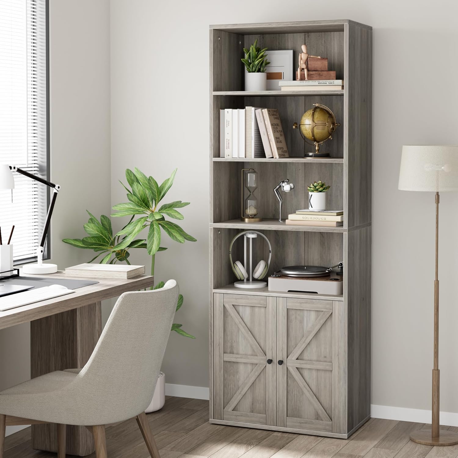 Garvee Industrial Bookshelf Bookcase with Doors & 11.8in Depth Display Storage Shelves, 71.4in Tall Farmhouse Bookcases Wooden 6 Shelf Bookshelvels for Bedroom, Living Room, Home Office, Gray