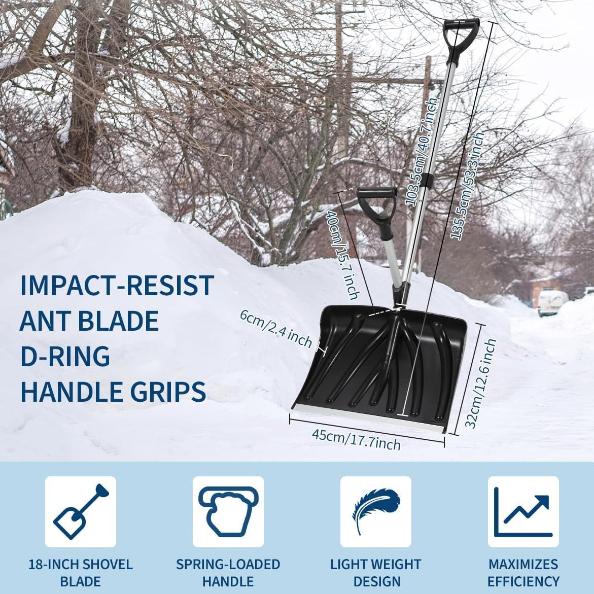 Garvee 17.7"W X 12.6"H Ergonomic Dual D-Ring Snow Shovel – 18" Wide Blade with Aluminum Edge – Lightweight Snow Removal Tool for Driveway, Walkway, Car, Yard – Black Shovel with Silver Rod