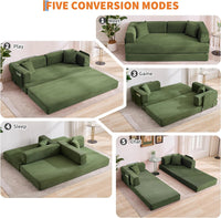 Garvee Convertible Sleeper Sofa Bed, 78.8" Floor Sofa Bed, 5-in-1 Folding Mattress Couch Loveseat with Fixed-Shape Frame, Pillow, Corduroy Fabric for Living Room Bedroom Lounge, Green