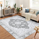 Garvee Washable Vintage Floral Area Rug 3x5- Non-Slip Print, Non-Shedding, Soft Foldable Carpets for Dining Room, Bedroom, Living Room, Kitchen Entryway, Grey - Gray