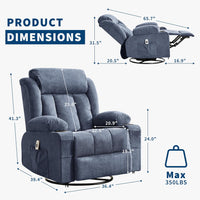 Garvee Rocker Recliner Chair with Heat and Massage, Manual Recliner 360° Swivel Oversized Chairs for Adults, Lazy Boy Single Sofa Seat with 3 Positions, 2 Side Pockets, Cup Holders, and USB Ports, Blue
