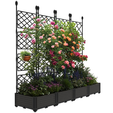 Garvee 4Pcs Plastic Plant Box with Metal Trellis, Raised Garden Bed with Trellis Planter for Climbing Plant Outdoor Raised Planter Box Privacy Screen for Patio Balcony,Planter Box for Backyard Patio