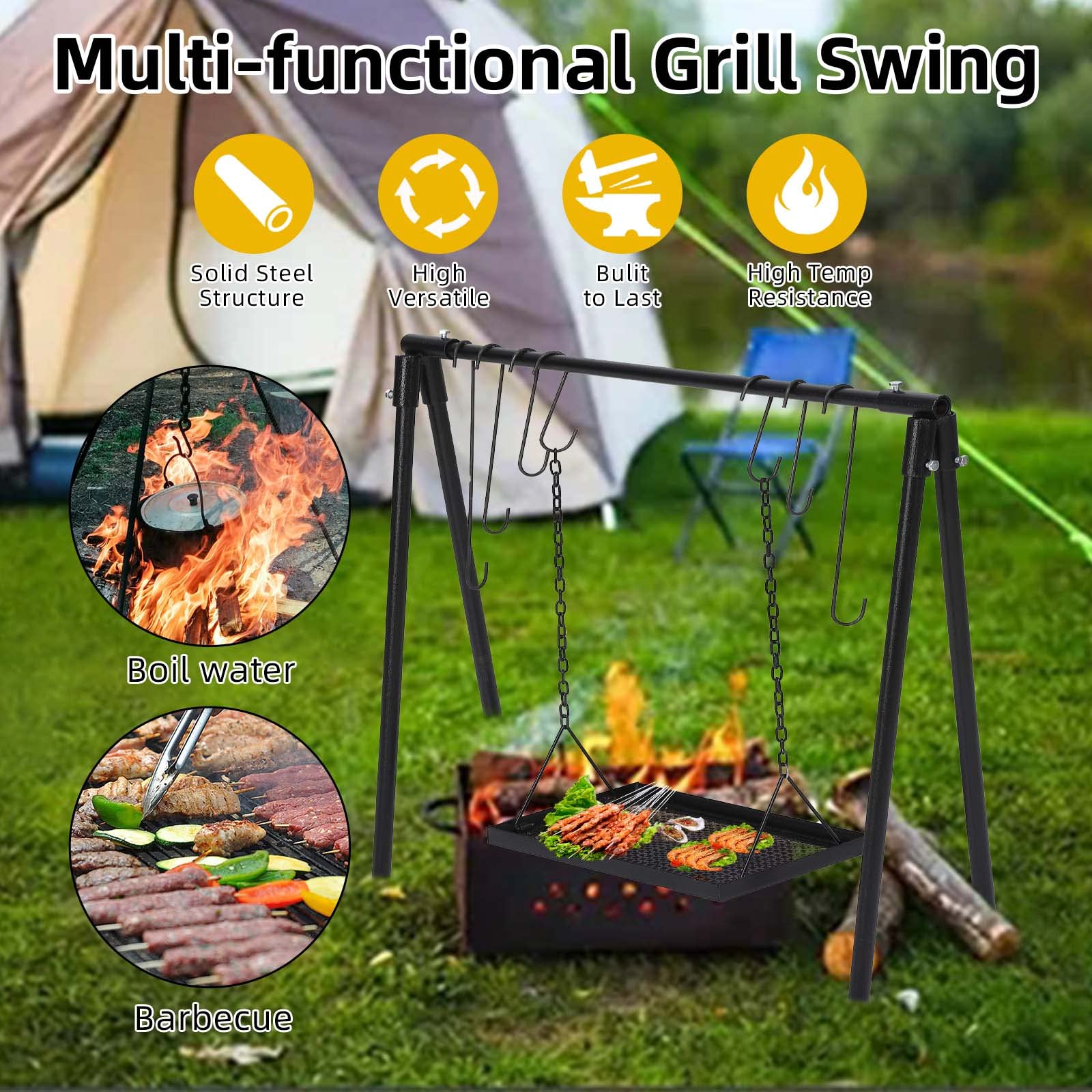 Campfire Swing Grill with Adjustable Rack for BBQ & Picnic