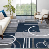 Garvee Modern Navy Blue 9x12 Geometric Washable Rug, Non Slip Low Pile Stain Resistant Carpet for Living Room & Bedroom - Navy Blue