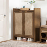 Garvee Boho 32" Rattan Shoe Storage Cabinet with 2 Doors and Adjustable Shelves for Entryway, Hallway, Living Room and Bedroom, Dark Oak - Dark Oak