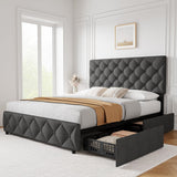 Garvee Full Size Bed Frame with 4 Storage Drawers and Adjustable Headboard, Linen Upholstered Platform Bed Frame, Diamond Stitched Button Tufted, No Box Spring Needed(Dark Grey) - Gray