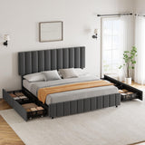Garvee Grey King Linen Upholstered Bed Frame with 4 Storage Drawers, Adjustable Headboard, Sturdy Wooden Slats, No Box Spring Required, Easy Assembly - Grey