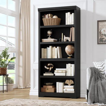 Garvee 5 Tier Bookshelf, 69" Tall Farmhouse Bookcase with Adjustable Shelves, 31.5" W Floor Standing Open Display Storage Rack with Anti-Slip Design for Home Office, Balcony, Library, Study / Living Room, Black