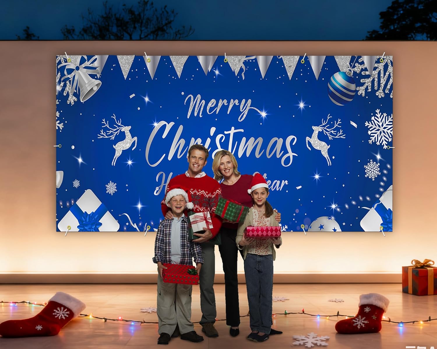 Garvee Christmas & New Year Garage Door Cover - 7x16 ft Holiday Banner with 4x6 m Ribbons | Vibrant Polyester Decor for Home, Church, Party | Durable & Reusable Xmas Decoration