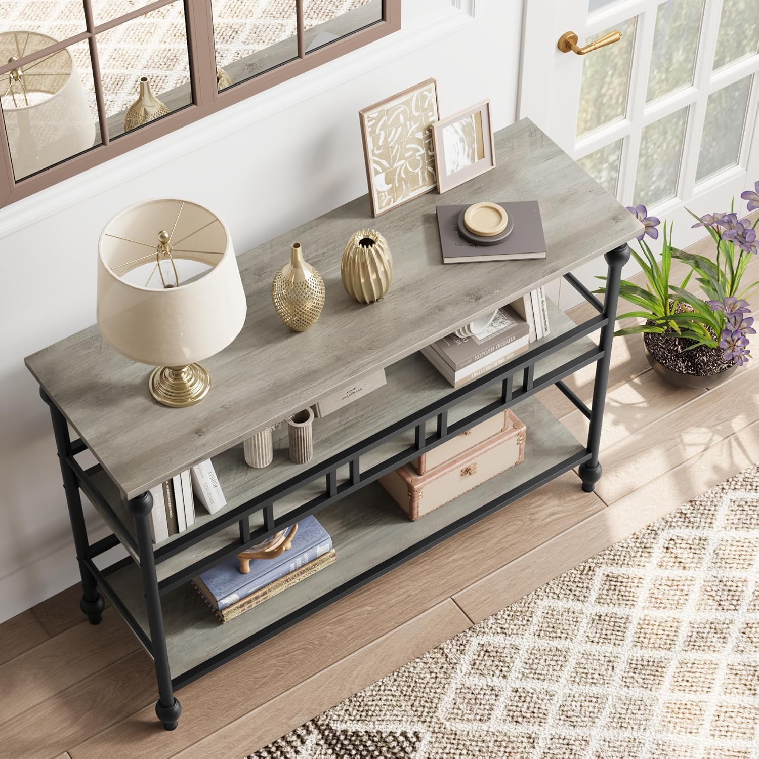 Garvee Console Table 3-Tier Narrow Entryway Storage, 43" Behind Couch Table, MDF Wood & Metal, Adjustable Footpads, Living Room, Foyer, Bedroom
