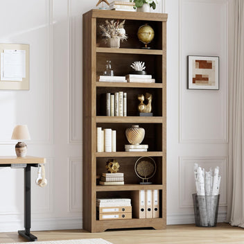 Garvee 6 Tier Bookshelf, 75" Tall Farmhouse Bookcase with Adjustable Shelves, 23.6" W Floor Standing Open Display Storage Rack with Anti-Slip Design for Home Office, Balcony, Library, Study / Living Room, Brown