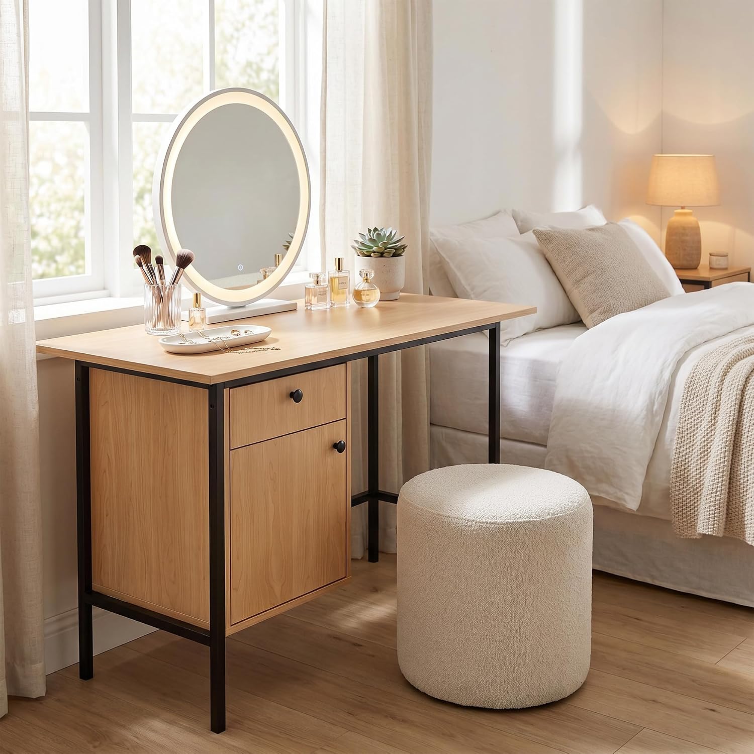 Garvee 47" Home Office Computer Desk with Drawer and Cabinet Storage | Simple Modern Desk for Bedroom, Home Office, Study, Writing, Study Table with Cabinet, Natural Oak+Black